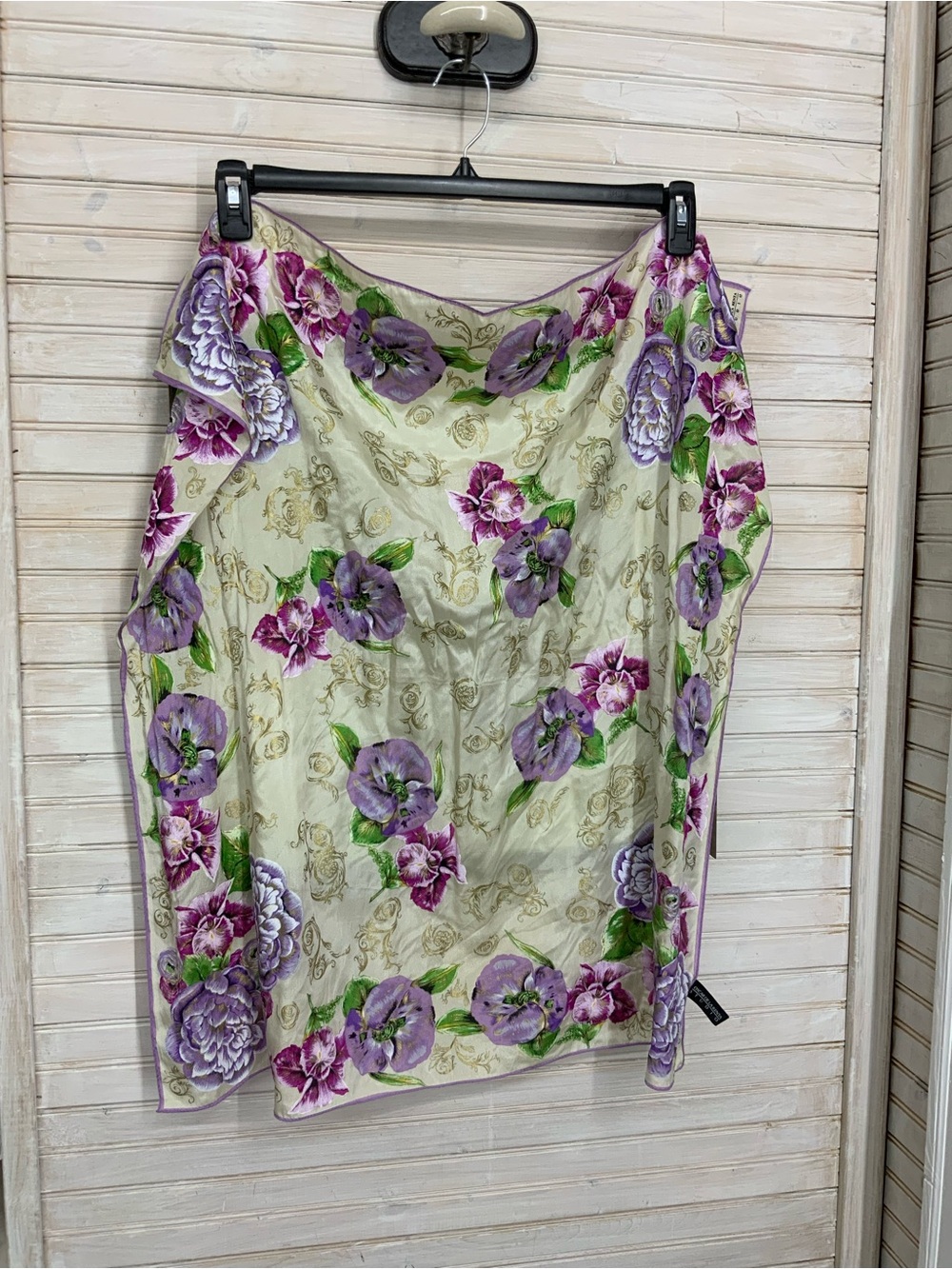 Vintage Oscar de la Renta Cream Floral Silk Scarf with Purple & Pink Blooms 30”